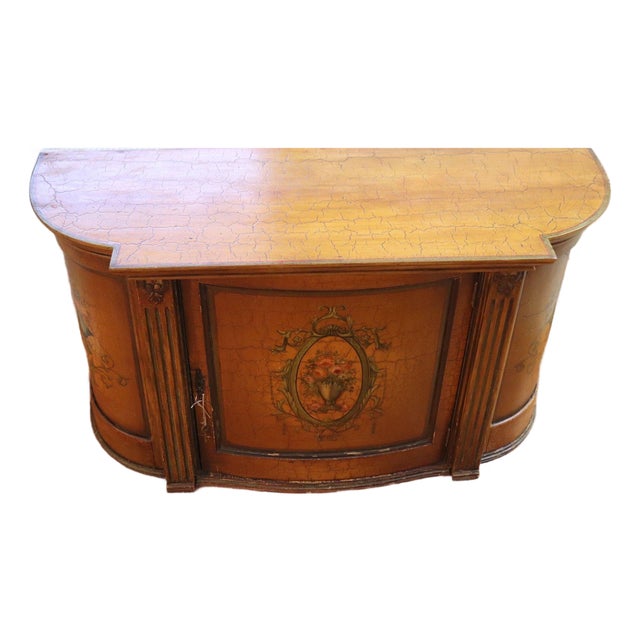 Vintage Neoclassical Demilune Console Cabinet – Hand-Painted Floral Medallion For Sale
