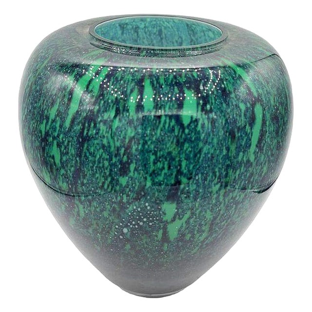 1980s Large Hand-Blown Blue & Emerald Marbled Leaded Art Glass Vase, Unsigned For Sale