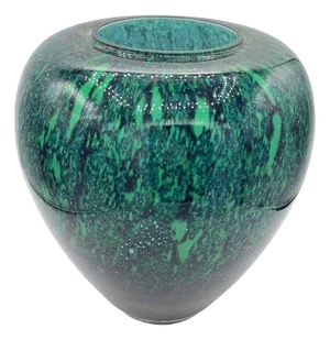 1980s Large Hand-Blown Blue & Emerald Marbled Leaded Art Glass Vase, Unsigned