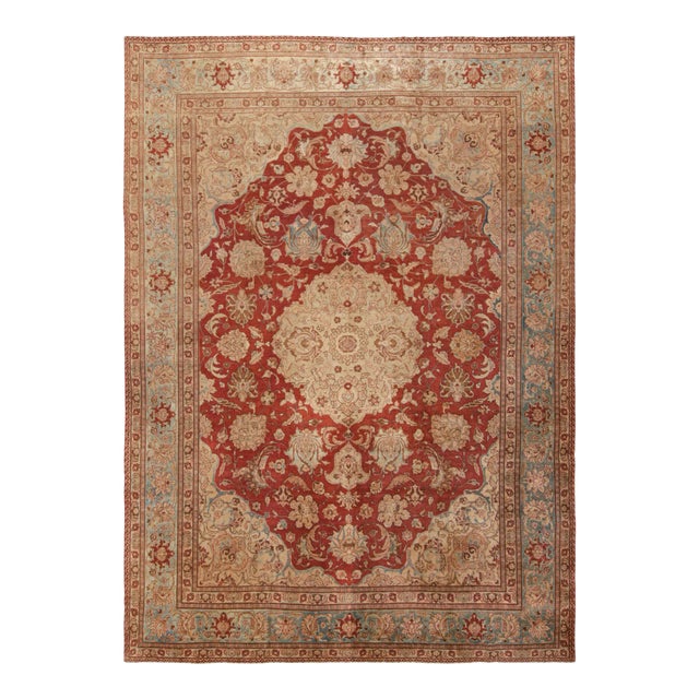 Antique Tabriz Beige Red and Blue Wool Persian Floral Rug – Medallion Style For Sale