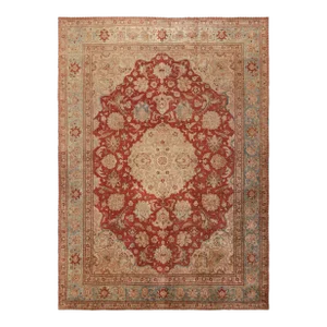 Antique Tabriz Beige Red and Blue Wool Persian Floral Rug – Medallion Style