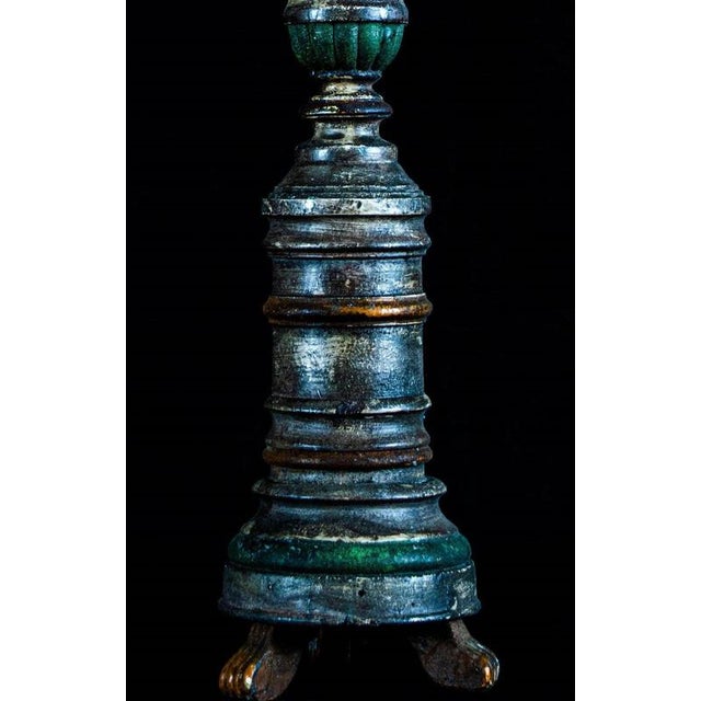 Antique Polychrome Turned Wood Pricket Candlestick on Tripod Base For Sale - Image 3 of 12
