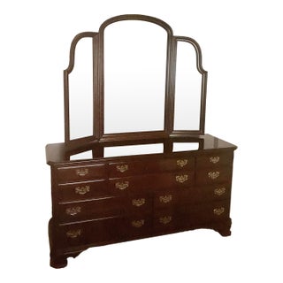 Vintage Ethan Allen Georgian Court Triple Cherry Dresser With Tri-Fold Mirror For Sale