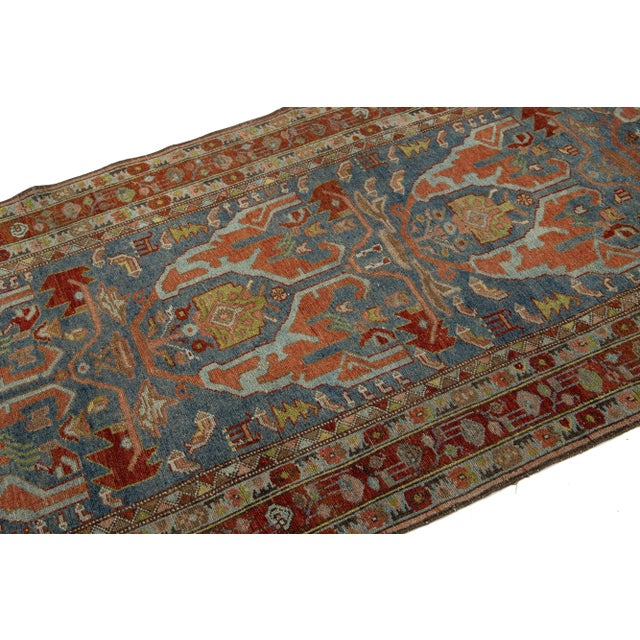 Textile Antique Bidjar Handmade Long Wool Runner in Blue With Allover Design For Sale - Image 7 of 9