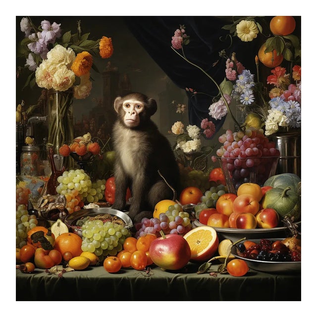 30' X 30' Collector Fine Art Print 'Still Life With Fruits, 'Flowers and Monkey', Unframed For Sale