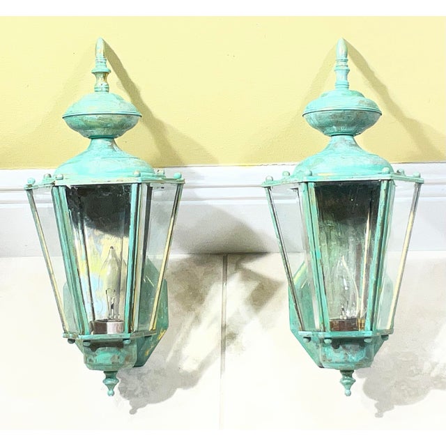 : Pair of Vintage Solid Brass Outdoor Wall Lanterns / 16” High For Sale - Image 13 of 15