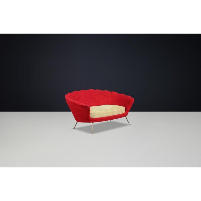 Mid-Century Flower-Shaped Sofa, Fabric Upholstery, Brass, Italy, 1950s This mid-century flower-shaped sofa is an iconic...