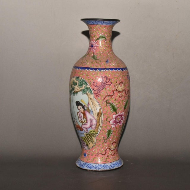 Vintage Chinese Gilt Copper Enamel "Lady & Boy" Figural Vase, Qianlong Mark - 634g For Sale - Image 4 of 9