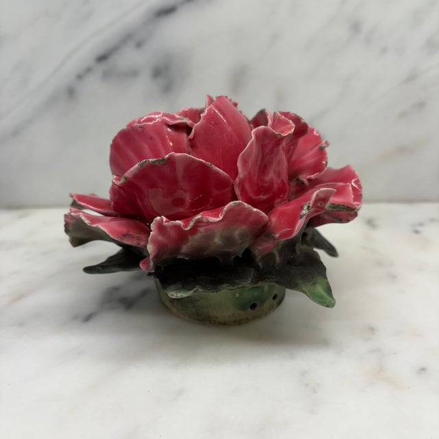 1930s Antique French Pink Porcelain Rose Flower Sculpture With Green Leaves For Sale - Image 5 of 8
