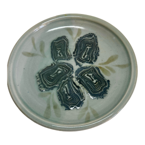 1990s Handmade Faux Oyster Plate Nerikomi Agateware Celadon Crackle Glaze Coastal Studio Pottery 9”