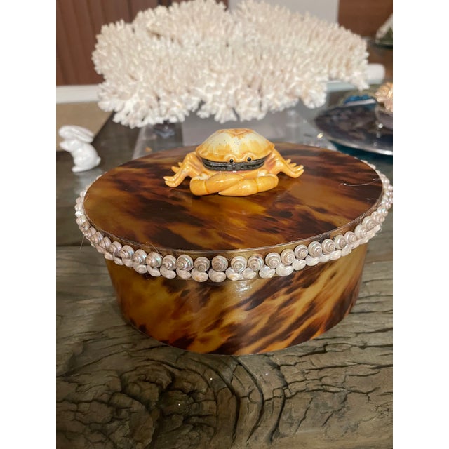 Vintage Tortoiseshell Oval Paper Box With Sea Shells and Crab Pill Box For Sale - Image 4 of 4