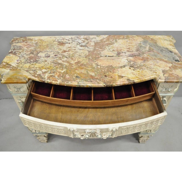 French Renaissance White Blue Painted Figural Carved Marble Top Buffet Commode For Sale - Image 10 of 18