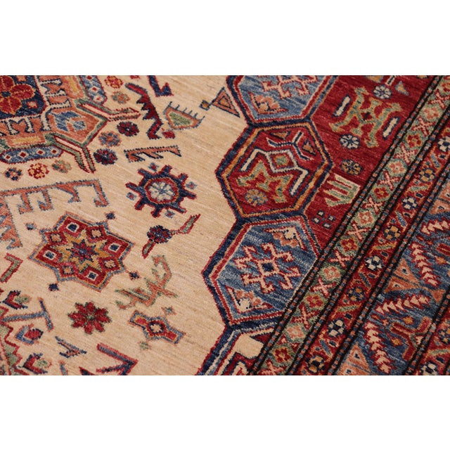 1990s Shabby Chic Tribal Super Kazak Beige/Blue Wool Rug - 5'5'' X 8'1'' For Sale - Image 5 of 10