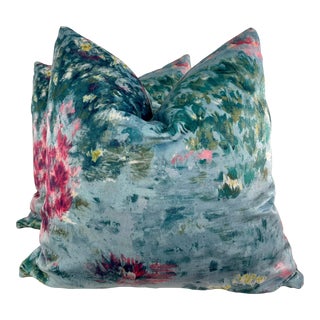 Clarke & Clarke "Fiore Velvet" in Mineral 22" Pillows-A Pair For Sale