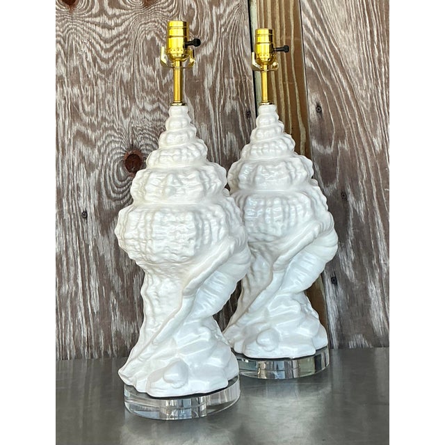 Late 20th Century Vintage Coastal Glazed Ceramic Conch Lamps - a Pair For Sale - Image 5 of 6