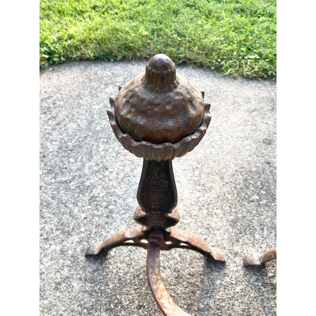 Metal Antique Patinated Chippendale Ball Wrought Iron Fire Dogs- a Pair For Sale - Image 7 of 9