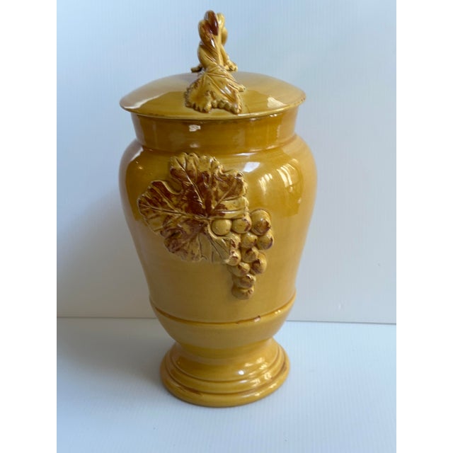1980s Arte Italica "Sole Mustard" Ceramic 13" Tall Yellow Jar With Lid Grapes Leaves Design Made in Italy For Sale - Image 9 of 18
