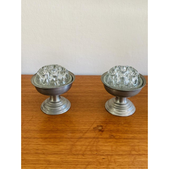 Beautiful set of 2, flower frog vases made of clear, transparent, glass/crystal with matching pewter bases/holders from...