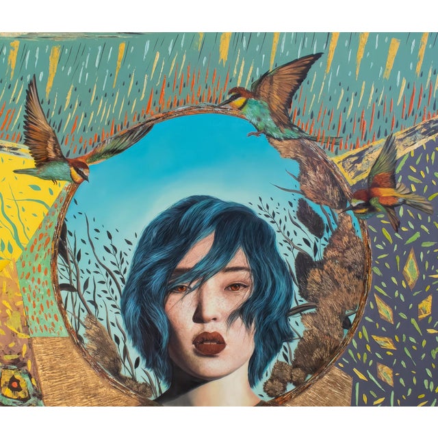 Eye of the Storm by Andrada Trapnell | Mixed media on board Portrait of a girl with blue hair holding flowers. For Sale - Image 4 of 5