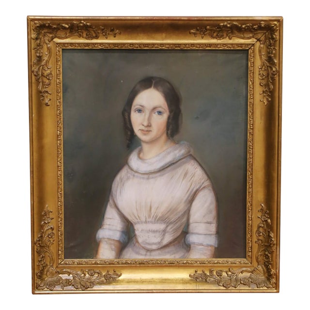 Mid-19th Century French Pastel Portrait of Young Woman in Giltwood Frame For Sale