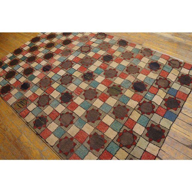 American Extraordinary Multicolor Bakcground & Circles With Star Borders Geometric Pattern Antique American Hooked Rug For Sale - Image 3 of 7