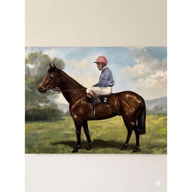 A striking equestrian oil painting depicting the legendary jockey Joe Mercer aboard the celebrated racehorse Brigadier...