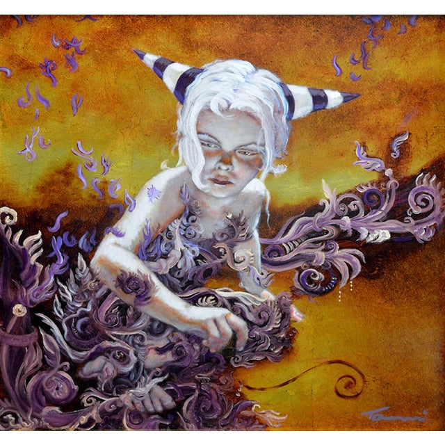 This artwork presents a figure with striking horns, surrounded by intricate, swirling patterns that evoke a sense of...