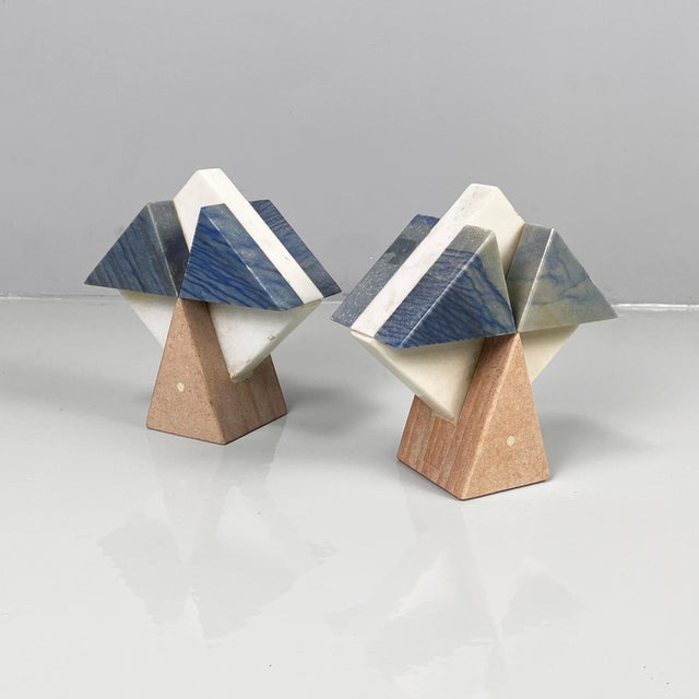 Italian Modern Geometric Sculptures in White, Blue and Pink Marble, 1980s, Set of 2 For Sale - Image 17 of 17
