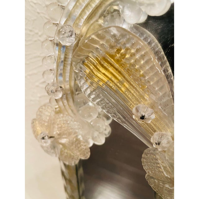 Vintage Italian Murano Glass Venetian Wall Mirror With Floral Engravings & Gold Accents For Sale - Image 9 of 12