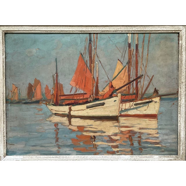 Capture the serene and luminous atmosphere of a traditional European harbor with this exquisite vintage oil painting. The...