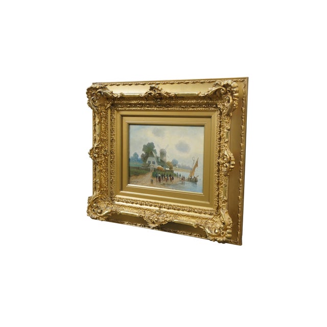 A very well done antique oil painting on board by Dutch artist O. Nyvelt. It depicts a river landscape with figures...