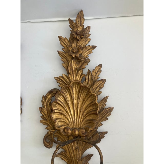 Italian 1940's Gilt Carved Wood Candle Wall Sconces, a Pair. Never electrified just candles. Beautiful carved and gilt...