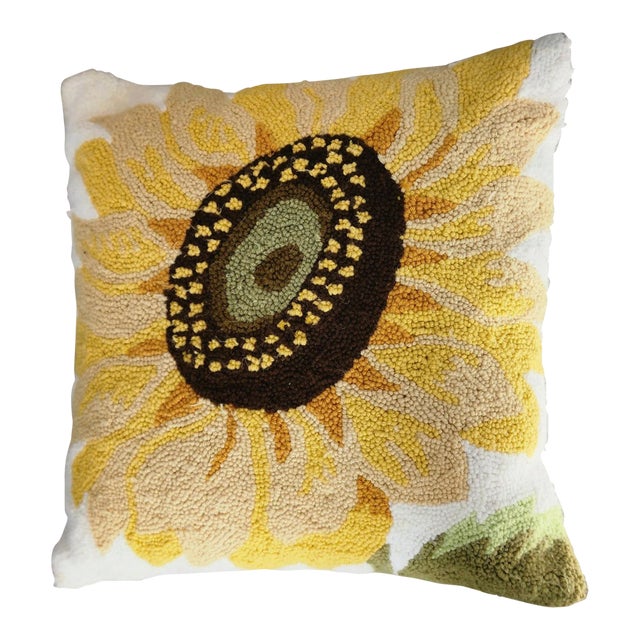 Vintage Hand Hooked Oversized Sunflower Pillow For Sale