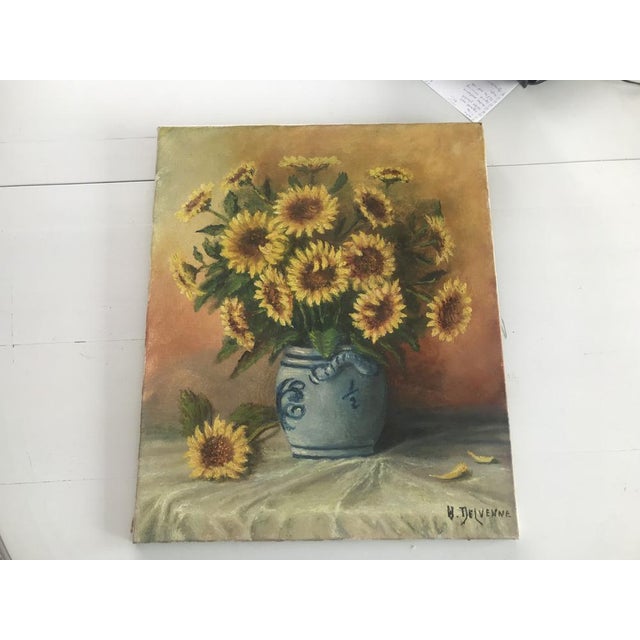 Sunflowers in a Ceramic Vase, Oil Painting on Canvas For Sale - Image 4 of 17