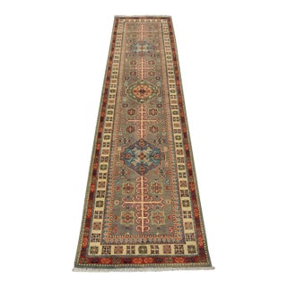 Kazak Runner 2’7” X 9’8” Gray Wool Tribal Hand-Knotted Oriental Rug For Sale