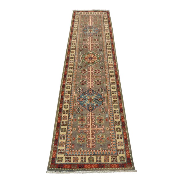 Kazak Runner 2’7” X 9’8” Gray Wool Tribal Hand-Knotted Oriental Rug For Sale