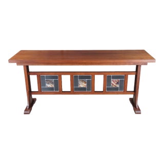 Late 20th Century Mission Arts & Crafts Leaded Stained Glass Cherry Console Hall Sofa Table 72" For Sale