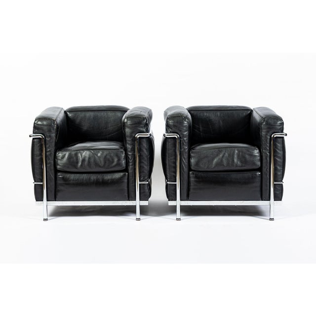 Metal Pair of Cassina Lc2 Black Leather Petit Lounge Chairs by Le Corbusier For Sale - Image 7 of 18