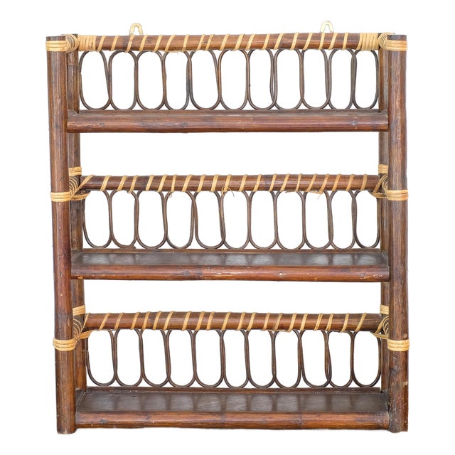 Mid 20th Century Audoux Minet Style Shelf, Rattan Wood Wall Shelf For Sale