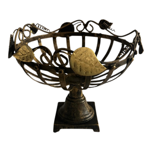 Vintage Wrought Iron Gold Leaf Pedestal Center Piece Basket