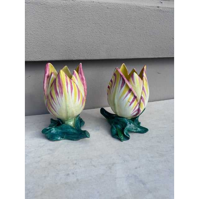 Jerome Massier Large Pair of Majolica Tulip Vases Jerome Massier, Circa 1900 For Sale - Image 4 of 8