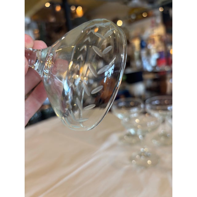 Mid-Century Modern Vintage 1960s Etched Glass Champagne Coupes Set of 6 For Sale - Image 3 of 6