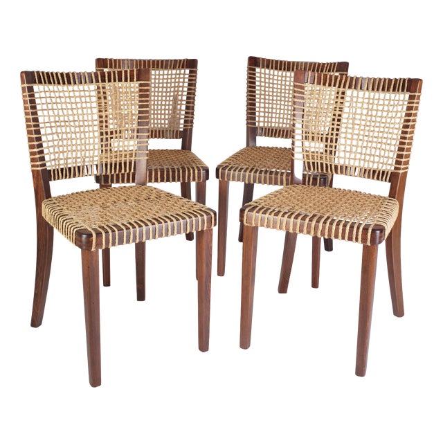 Raffia Woven Dining Chairs by Jan Vaněk for P.M.B., 1930s, Set of 4 For Sale