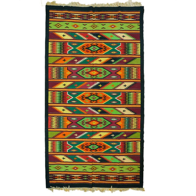 Textile Vintage Romanian Oltenian-Style Handwoven Wool Kilim Rug with Geometric Stripes and Diamond Medallions, 1960s For Sale - Image 7 of 10