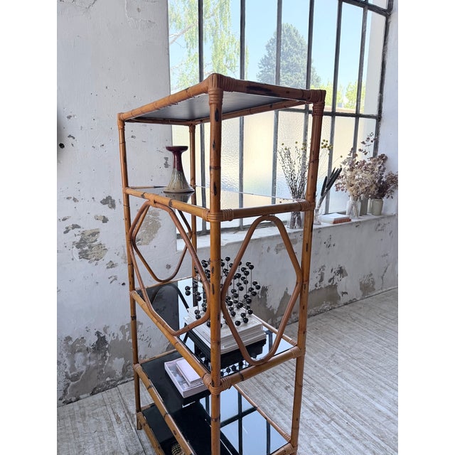 Rattan and Black Glass Bookcase, 1960s For Sale - Image 10 of 18