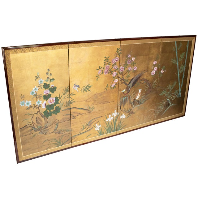 Fine elegant 4-panel byobu (folding screen) by Japanese artist Kokei (光径). The Title is "Small Flowers and Golden...