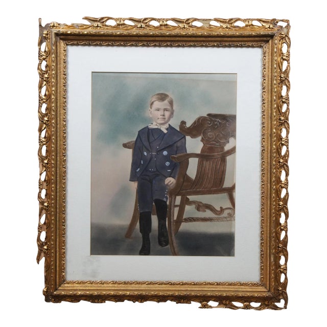 Antique Late Victorian Pastel Painting Portrait of Young Boy Marcel Goffena 25" For Sale