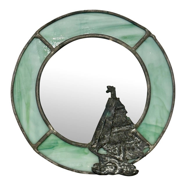 Vintage Coastal Stained Glass & Pewter Finish Ship Accent Mirror For Sale