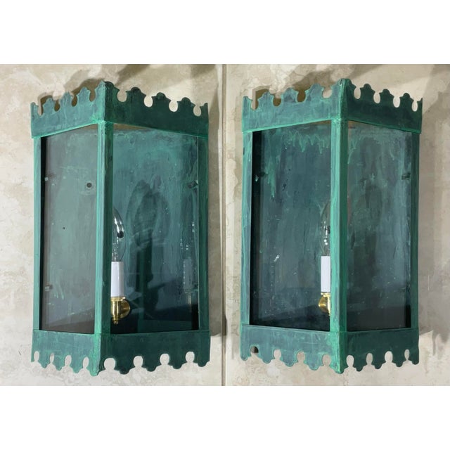 1960s Pair of Artistic Vintage Patinated Metal Wall Lantern Sconces For Sale - Image 5 of 16