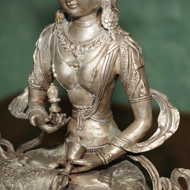 Metal Tibetan Silvered Metal Buddhist Deity Figure Statue on Lotus Base For Sale - Image 7 of 18